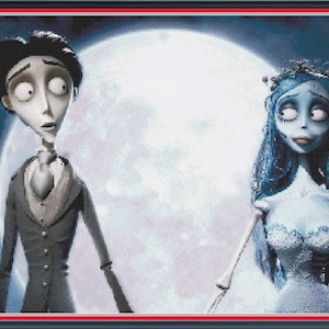 May include: A black and white illustration of a couple, a man in a suit and a woman in a white wedding dress, standing in front of a large, full moon. The woman has long, flowing blue hair and a white veil. The man has a pale complexion and dark hair. The background is a dark blue sky with a few stars.