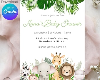 Safari Baby Shower Electronic Invitation, Editable Digital Download, Greenery Jungle Animal Baby Shower E invite, Text Message Invite