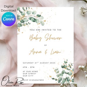 Greenery Baby Shower E-invite, Editable Baby Shower Electronic Invite, Eucalyptus Baby Shower Invite Online Invitation Template Unisex Canva