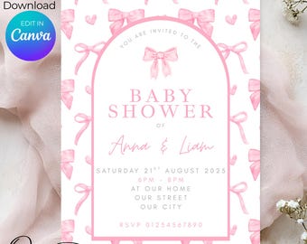 Modern Pink Bow Baby Shower Invitation Template, Elegant Coquette Bow, Easy Edit in Canva Digital Invite, E invite, Baby Girl Shower Invites