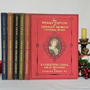 1912 Charles Dickens&#39; Antique 5 Volume Complete Set of Christmas Books / Pears Centenary Edition / A Christmas Carol / Very Good Condition