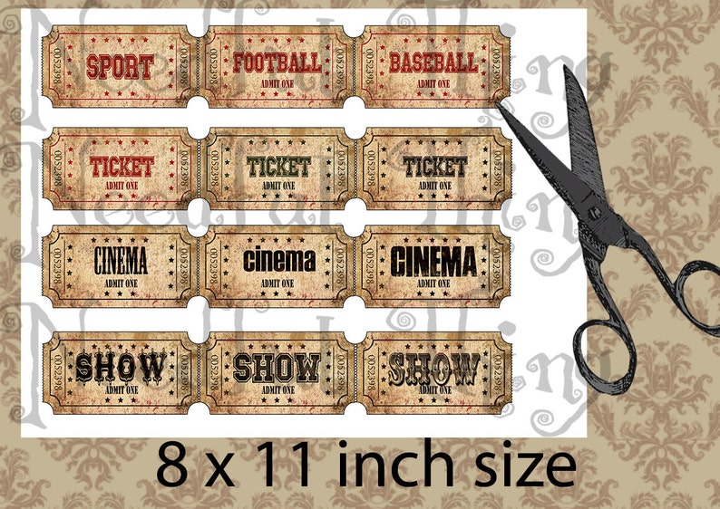 DIGITAL Vintage old paper tags cinema ticket sport show sheet grunge shabby present invitation coupon cards graphics scrapbooking T2