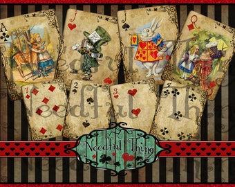 Vintage grunge Alice in Wonderland old paper playing cards card full deck printable gift cheshire cat tea unbirthday party scrapbooking PCA2