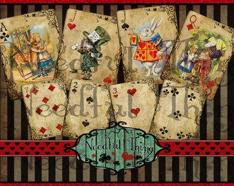 DIGITAL Vintage grunge Alice in Wonderland old paper playing cards card full deck printable gift cheshire cat tea party scrapbooking PCA2