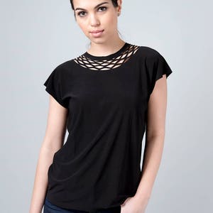 Black Top, Designer shirt, Fashion Shirt, Black t shirt, Casual Shirt, Black Shirt, Women Shirt, Gift for Her,Comfortable Shirt,Cutout Shirt image 3