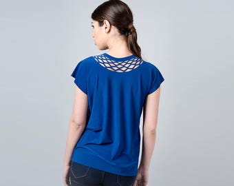 Blue Top, Blue Blouse, Women Blouse, Blue Shirt, Womens Geometric Shirt, Cut Out Shirt, Minimalist Shirt, Casual Boho Shirt, Summer Shirt