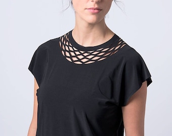 Black Top, Designer shirt, Fashion Shirt, Black t shirt, Casual Shirt, Black Shirt, Women Shirt, Gift for Her,Comfortable Shirt,Cutout Shirt