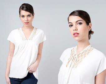 White Top, Special Top, Casual Top, White Blouse, Oversized top, Special Blouse, Cutout Top, Womens Blouse, Office Top, White Shirt