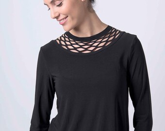 Black Top, Women Black Shirt, Black Blouse, Black Cutout Shirt, Long Sleeve Shirt, Black Modest Top, Gift for Her, Long Sleeve Top