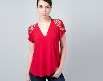 Red Top, Elegant Fitted Top, Low Cut Neckline Top, Cocktail Top, Evening Top, Red Blouse Womens, Short Sleeve Shirts, Ladies Red Tops,