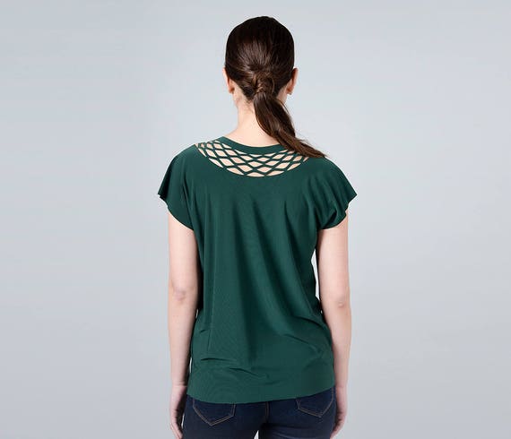 dark green top with jeans
