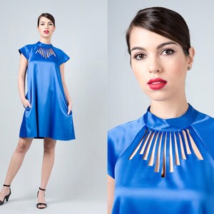 Royal Blue Dress, Blue Elegant Dress, Blue Cutout Dress, Blue Collar Dress, Blue Dress with Pockets, Blue Bridesmaid Dress, Blue Womens Wear