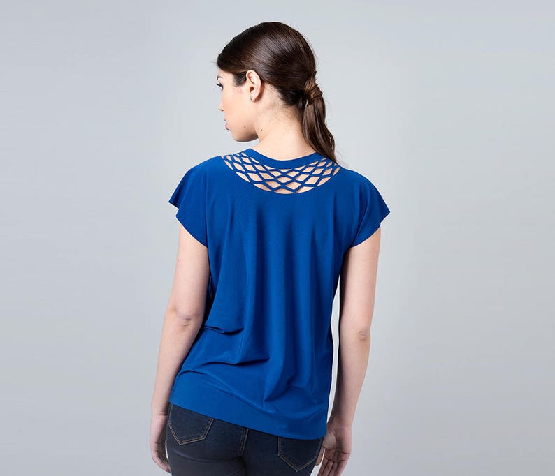 Blue Top, Blue Blouse, Women Blouse, Blue Shirt, Womens Geometric Shirt, Cut Out Shirt, Minimalist Shirt, Casual Boho Shirt, Summer Shirt image 1