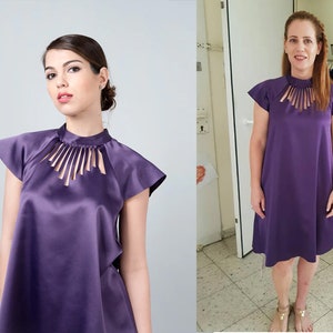 Purple Elegant Dress, Purple Cutout Dress, Purple Collar Dress, Dress with Pockets, Bridesmaid Dress, Purple Handmade Dress, Purple Dress
