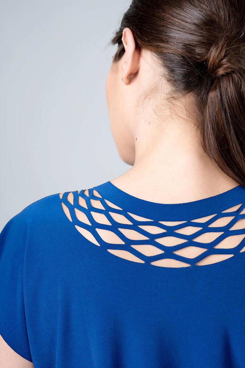 Blue Top, Blue Blouse, Women Blouse, Blue Shirt, Womens Geometric Shirt, Cut Out Shirt, Minimalist Shirt, Casual Boho Shirt, Summer Shirt image 5