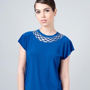 Blue Top, Blue Blouse, Women Blouse, Blue Shirt, Womens Geometric Shirt, Cut Out Shirt, Minimalist Shirt, Casual Boho Shirt, Summer Shirt image 2