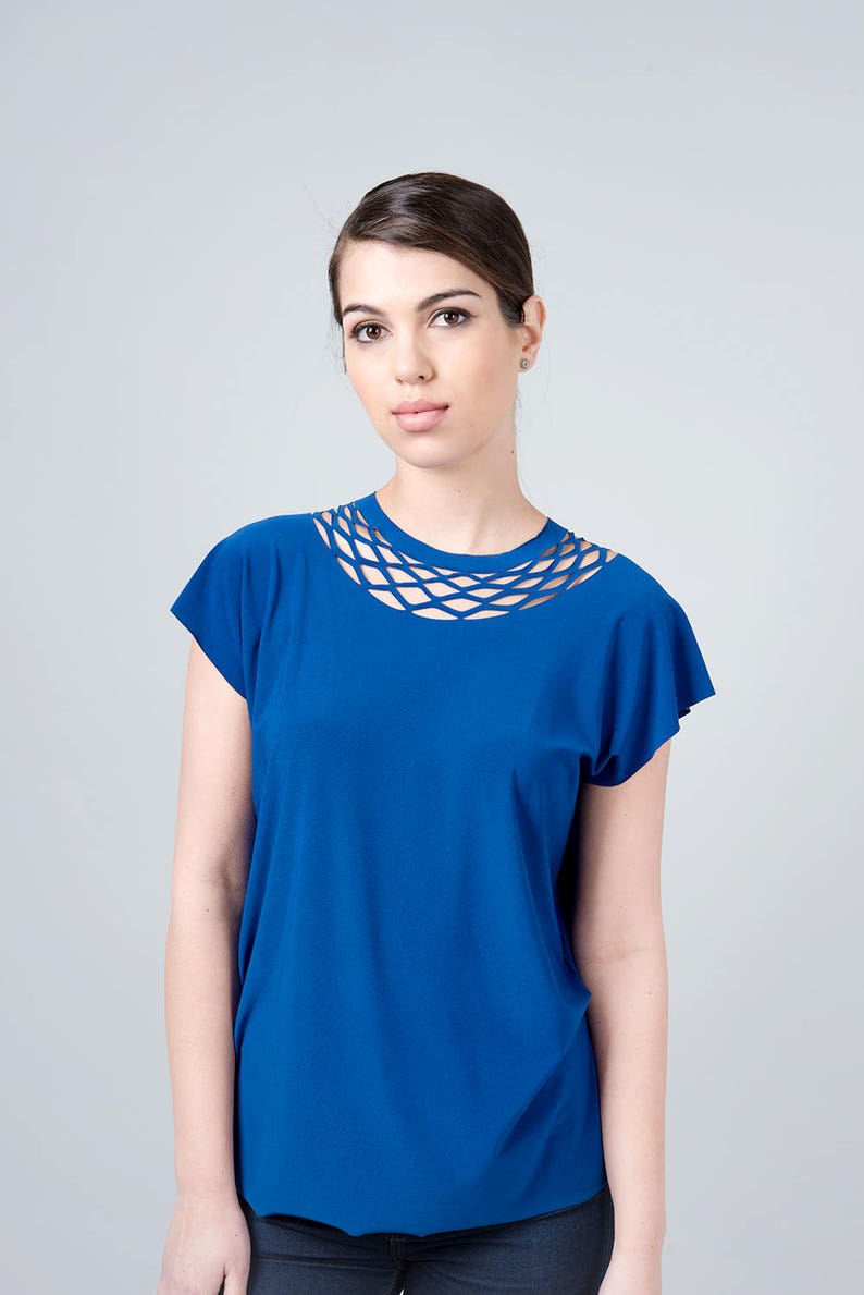 Blue Top, Blue Blouse, Women Blouse, Blue Shirt, Womens Geometric Shirt, Cut Out Shirt, Minimalist Shirt, Casual Boho Shirt, Summer Shirt image 2