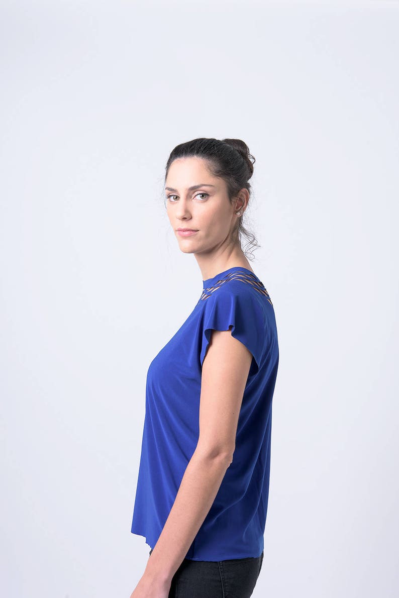 Blue Top, Blue Blouse, Women Blouse, Blue Shirt, Womens Geometric Shirt, Cut Out Shirt, Minimalist Shirt, Casual Boho Shirt, Summer Shirt image 6