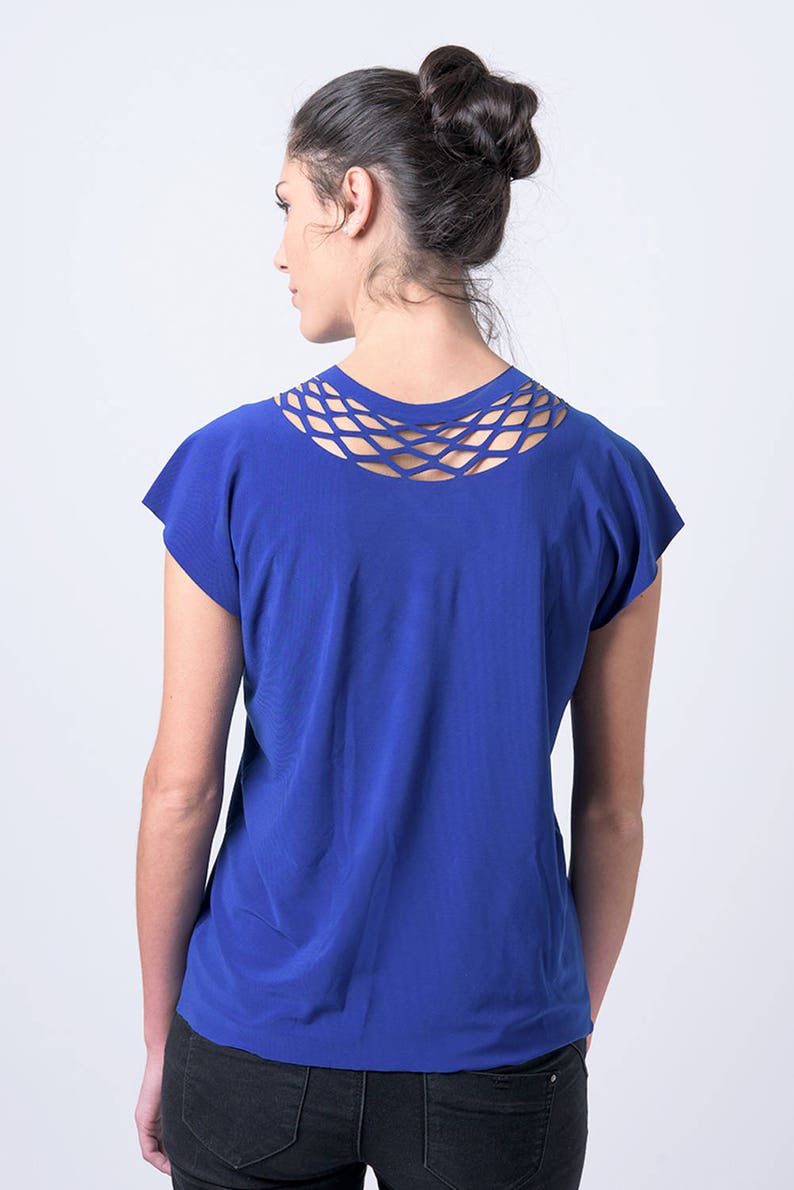 Blue Top, Blue Blouse, Women Blouse, Blue Shirt, Womens Geometric Shirt, Cut Out Shirt, Minimalist Shirt, Casual Boho Shirt, Summer Shirt image 7