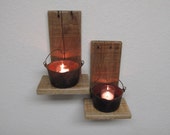 Rustic Cast Iron Pots on Cool Recycled Pallet Wood Shelves Set of 2 with Candle Holders