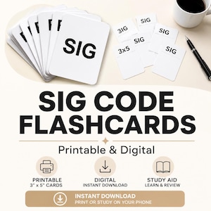 Puede incluir: Tarjetas blancas con las letras "SIG" en negro. La imagen también muestra una taza de café, un bolígrafo y el texto "SIG CODE FLASHCARDS" y "Printable & Digital". Las tarjetas miden 7,6 cm x 12,7 cm.