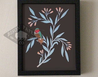 Minimal Painted Hummingbird on Branch 8x10 Print