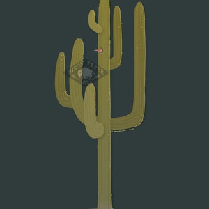May include: A tall, green cactus with multiple arms, a small bird perched on one of the arms. The cactus is set against a dark green background.