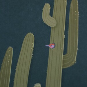 May include: A close-up of a green cactus with a small bird peeking out of a hole in the cactus.