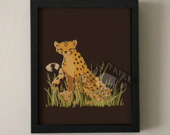 Cheetah and Cubs Print of Gouache Painting