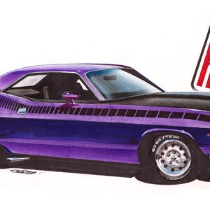 May include: A purple 1970 Plymouth Barracuda with black racing stripes and a black hood. The car has a "440" emblem on the rear quarter panel and a "AAR" emblem on the side. The car is sitting on a white background.