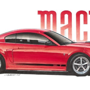 May include: A red Ford Mustang Mach 1 sports car with black accents and a black spoiler. The car is shown in profile view.