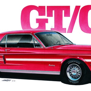 May include: Illustration of a red 1968 Ford Mustang GT/CS. The car has a white stripe along the side and the text "GT/CS" in pink. The car is a coupe with black tires and chrome rims.