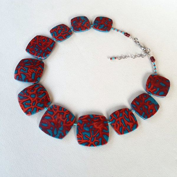 Necklace in greenish blue and orange red, polymer clay necklace, lightweight necklace, modern necklace