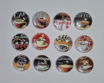 RETRO COFFEE MAGNET Set of 12 one inch Round Glass Dome Coffee Lover Gift Birthday Him She Shed Mom Relative Thank You Friend Hang Artwork!