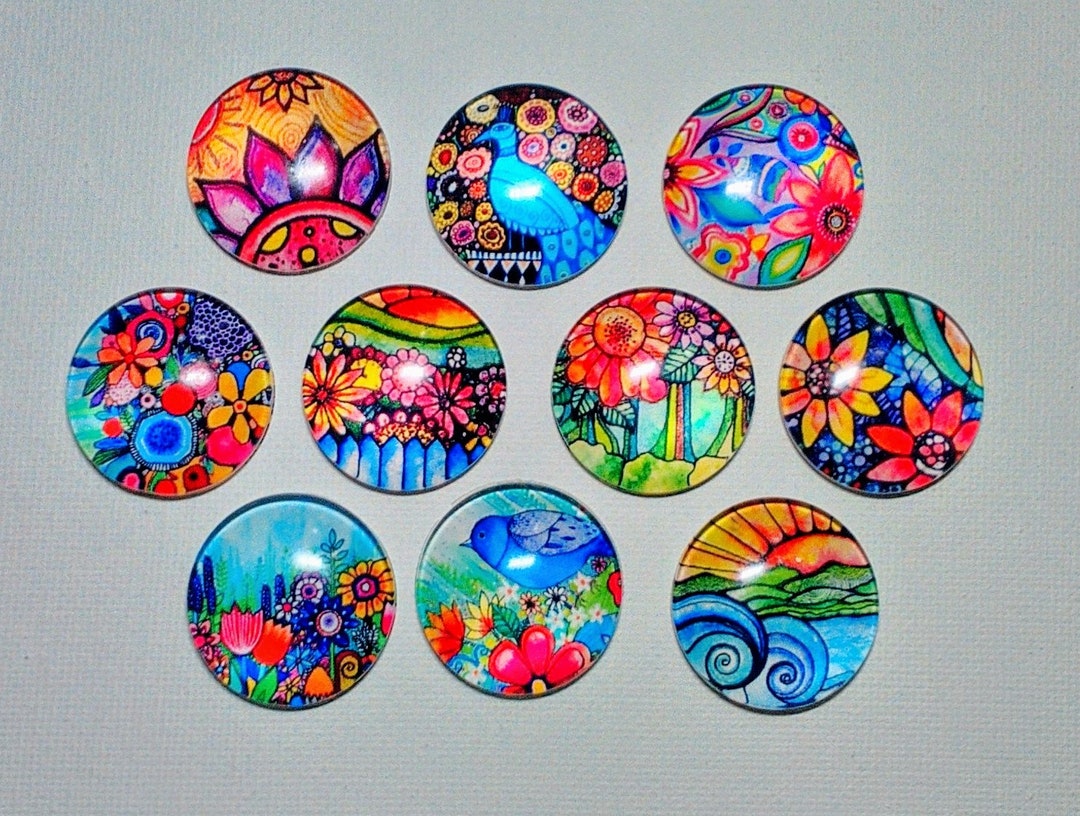 WHIMSICAL FLOWERS and BIRDS Magnets Set of 10 One Inch Round Glass Dome ...