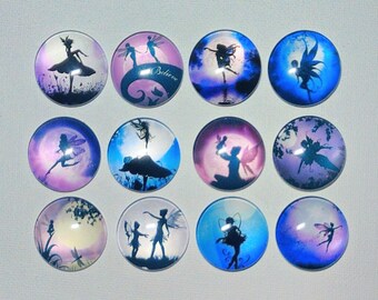 NIGHT FAIRIES MAGNET Set of 12 One Inch Round Glass Dome *Purples Blues*
