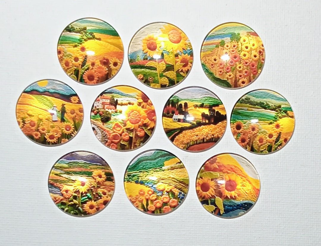 SUNFLOWER MAGNET Set of Ten One Inch Round Glass Dome *faux Crewel ...