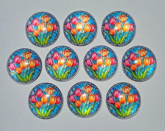 STAINED GLaSS TULIP LOVER Magnets Set of 10 One Inch Round Glass Dome *All SaME DeSIGN* Gift Mom Relative Friend Birthday TuLIP FLoWERS