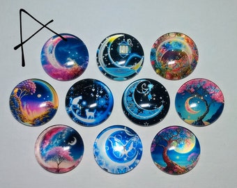 WISHING MOONS MAGNET Set of Ten 1" Round Glass Dome *Choose Set A or B* Abstract Surreal Art Birthday Mom Friend Relative Thank HangArtwork!