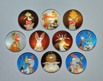WHIMSICAL GARDEN ANIMAL Magnet Set of 10 One Inch Round Glass Dome *Animal and Vegetable Humor* Gift Birthday Thanks She Shed Friend