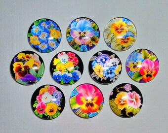 PANSY FLOWERS MAGNET Set of Ten One Inch Round Glass Dome Beautiful Pansy Art Birthday Mom Grandma Friend Relative Thanks Hang the Artwork!