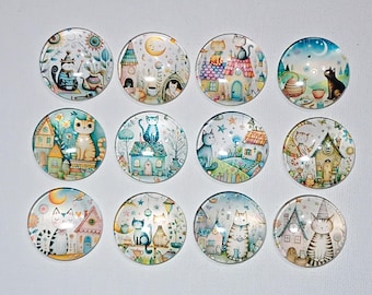 CAT MAGNETS Set of 12 One Inch Round Glass Dome *Soft Images*