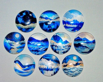 CONTEMPORARY ART LANDSCAPE Magnets Set of 10 One Inch Round Glass Dome Mom Dad Birthday Thank Friend *MOUNTaIN MoON SuNSET RiVER TReE WaTER*