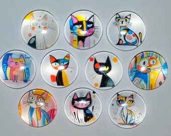CAT HUMOR Magnets Set of 10 One Inch Round Glass Dome
