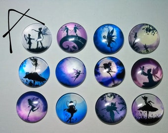 NIGHT FAIRIES MAGNET Set of 12 One Inch Round Glass Dome *Choose Set A or B* Purples Blues Birthday Holiday Mom Relative Thank Friend