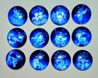 ZODIAC CONSTELLATIONS CELESTIAL Magnet Set of 12 One Inch Round Glass Dome Aries Pisces Gemini Virgo Scorpio Cancer Taurus Capricorn Leo