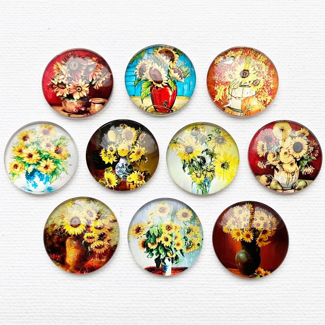 SUNFLOWER MAGNET SET of Ten 1 Round Glass Dome Sunflower Paintings ...