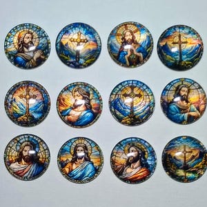 RELIGIOUS FAITH MAGNETS Set of 12 One Inch Round Glass Dome *Stained Glass Look*