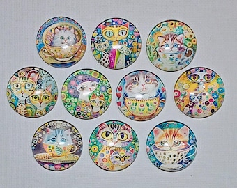 WHIMSICAL CAT Magnets Set of 10 One Inch Round Glass Dome *Soft and Bright Images*