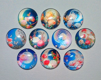 MOONLIGHT and FLOWERS MAGNET Set of 10 One Inch Round Glass Dome Moon Stars Rose Mom Friend Relative Birthday MoON AnD FLoWER ArT